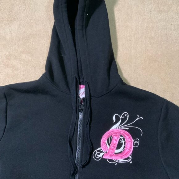 Danesi Jeans Sz Small Black Jacket Pink Embroidered "D" Zip Hood Pockets (E) - Picture 4 of 7
